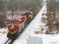 "A scintillating lineup" in the words of Danny Galavin. As Southern Ontario goes through a rather miserable January thaw, CP really upped their game today throwing CP 8631, KCS 4047, UP 7342, UP 7913, BNSF 4466, BNSF 9228, and BNSF 9976 as 137's power du jour. Sure, only 2 are working, and the fog wiped out any hope of a decent side shot, but that's a lot of colour merging with the grey today passing the detector at Mile 65 after a 45 minute wait at Orr's Lake for Wolverton congestion (read normal nightmare :) )