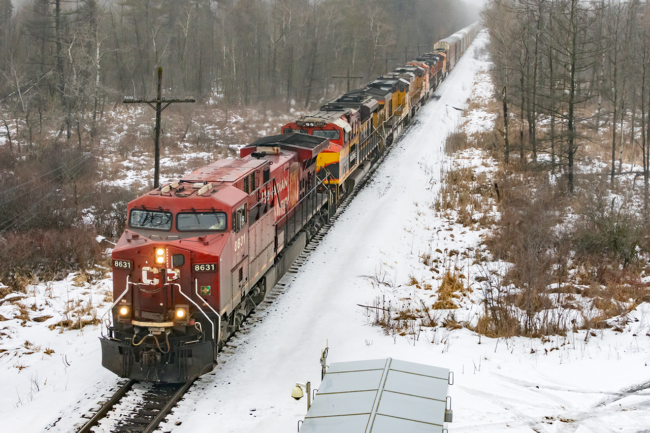 "A scintillating lineup" in the words of Danny Galavin. As Southern Ontario goes through a rather miserable January thaw, CP really upped their game today throwing CP 8631, KCS 4047, UP 7342, UP 7913, BNSF 4466, BNSF 9228, and BNSF 9976 as 137's power du jour. Sure, only 2 are working, and the fog wiped out any hope of a decent side shot, but that's a lot of colour merging with the grey today passing the detector at Mile 65 after a 45 minute wait at Orr's Lake for Wolverton congestion (read normal nightmare :) )