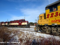 This will only be for the young folks who are new to this hobby, but before the changes in 2018-2020, GEXR serviced the Guelph Subdivision and OSR serviced Guelph Junction Railway. GEXR has since switched to the Guelph Junction Railway and CN took back the Guelph Subdivision and its branches. Here's a meet of both Guelph trains in the before times as one sits on the wye waiting for OSR to clear. Typical of the era, GEXR leased a few locomotives from Locomotive Leasing Partners (and other companies such as CEFX) over the years keeping it colourful until G&W orange really took hold a few years later, and the leased locomotives were bought out and painted. <a href=http://www.railpictures.ca/?attachment_id=48427 target=_blank> This locomotive is now GEXR 2123 and lives up north right now</a>