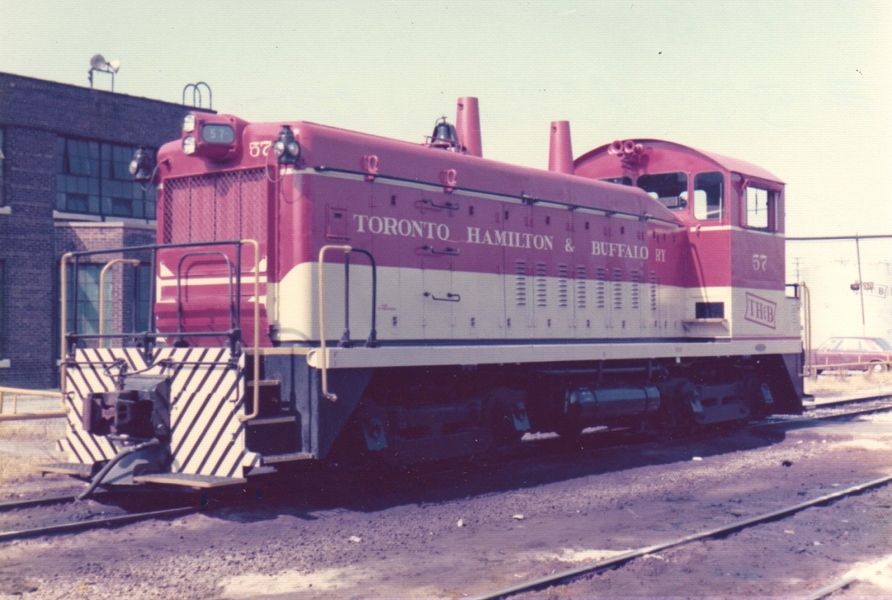 TH&B 57 sits at the Chatham Street engine facility in Hamilton, ON July 12, 1975.