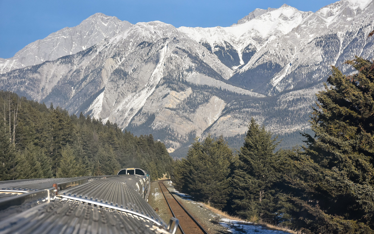 Can the scenery get any better?  
Just when you think you have seen the most beautiful scenery of the trip, the train makes another turn and BOOM another great view presents itself. 
VIA #2 The Canadian is just 3.5 miles east of Jasper, AB at CN English, AB Mile 232.30 CN Edson Sub. No matter which direction you look you are in awe of the majestic Rocky Mountains, the flowing rivers, and the wildlife grazing along side the tracks. 
Not a bad way to spend a week. :-)