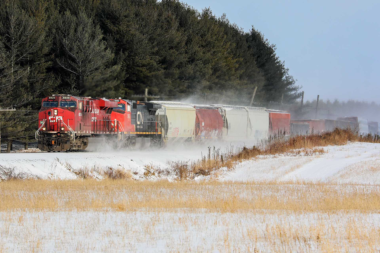 Canadian railroading unity......kicking up the snow.