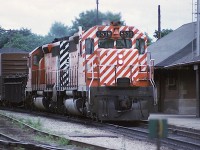CP SD40 #5539 and sister roar by the old Galt station, extra flags flying, on a somewhat gloomy day back in 1975. I miss seeing the nose paint scheme.