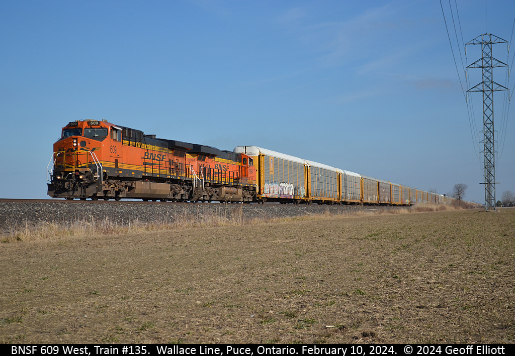 BNSF 609 leads the charge on CPKC Train #135 as it rolls along the flat Windsor Subdivision near MP 98.88.  Pure foreign road lashups have been pretty common the past few weeks with BNSF, UP, and NS power dominating many trains, but I'm certainly not going to complain.....  :-)