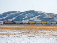 KCSM 4085 leads CPKC train E08 north on the Lanigan Sub with grain empties for Nokomis SK. 