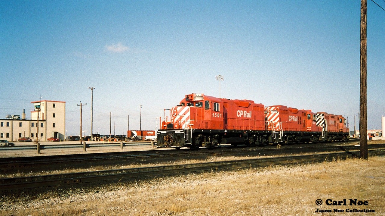 A set of units is viewed taking a break from working the hump at CP’s Toronto Yard in Scarborough, Ontario. The unit’s included CP GP7u 1501, GP9u 1537 and another 1500-series GP9u.