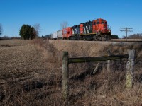 L568 approaches Thorndale Ontario on their way to HCL in London in some perfect afternoon sunlight. Even though it's certainly not the best GP9Rm on the roster, I'd take the zebra stripes any day over a BNSF 