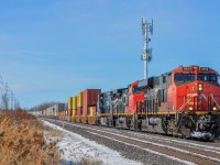 On February 17, 2024, CN 108 (Winnipeg - Montreal) passes Beaurepaire with the BCOL 4650 trail fail!