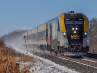 On February 17, 2024, SIIX 2203 (Siemens SVC-42) leads train 24 Ottawa-Quebec City.