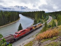 <br>
<br>
UP 5456 West powers CPR grain load train with UP 5456 – CP 8566 and dpu KCS 4172 approaching Lake Louise 
<br>
<br>
GE AC45CCTE – GE AC44CW and dpu EMD SD70ACe 
<br>
<br>
near mile 100 Laggan Subdivision, Storm Mountain lookout, on the Bow Valley Parkway at 10:50 MDT Sept 17 2018 digital by S Danko 
<br>
<br>
more
<br>
<br>
 <a href="http://www.railpictures.ca/?attachment_id= 43661">  KCS4172   </a>
<br>
<br>
 <a href="http://www.railpictures.ca/?attachment_id= 43818">  UP5456  </a>
<br>
<br>
sdfourty
