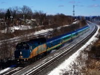 VIA 35 passes through Beaconsfield with the last Renaissance consist in corridor service on a cold and windy (but sunny!) afternoon.