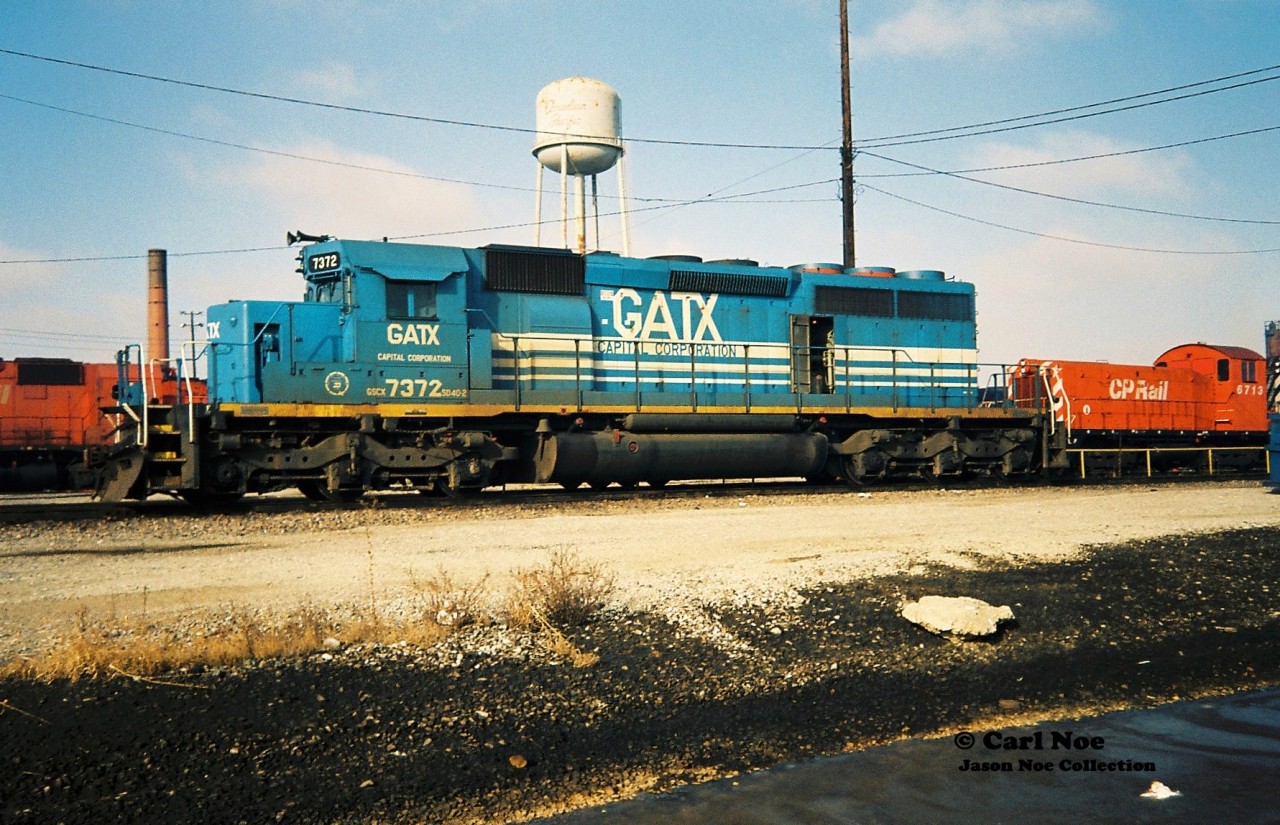 In 1992, CP began leasing several GATX SD40-2’s painted in both blue and yellow from GATX Capital Corporation. They were leased by the railway for several years and were eventually re-lettered as GSCX. Once CP was done leasing them, many were sent back to the US to continue their leasing duties on other roads. 

Here GATX 7372 is pictured at CP’s Toronto yard diesel shop awaiting its next assignment. This unit started out as Missouri Pacific 3193 in March 1975.