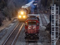 "The great locomotive race"...2024 version. Perhaps not quite.The heavily followed rail train rests in Puslinch Siding; they'll be off to work shortly as CP 134; with a UP leader...second day in a row for that comes flying down the main. Cp is very unpredictable these days...perhaps that's a good thing. 