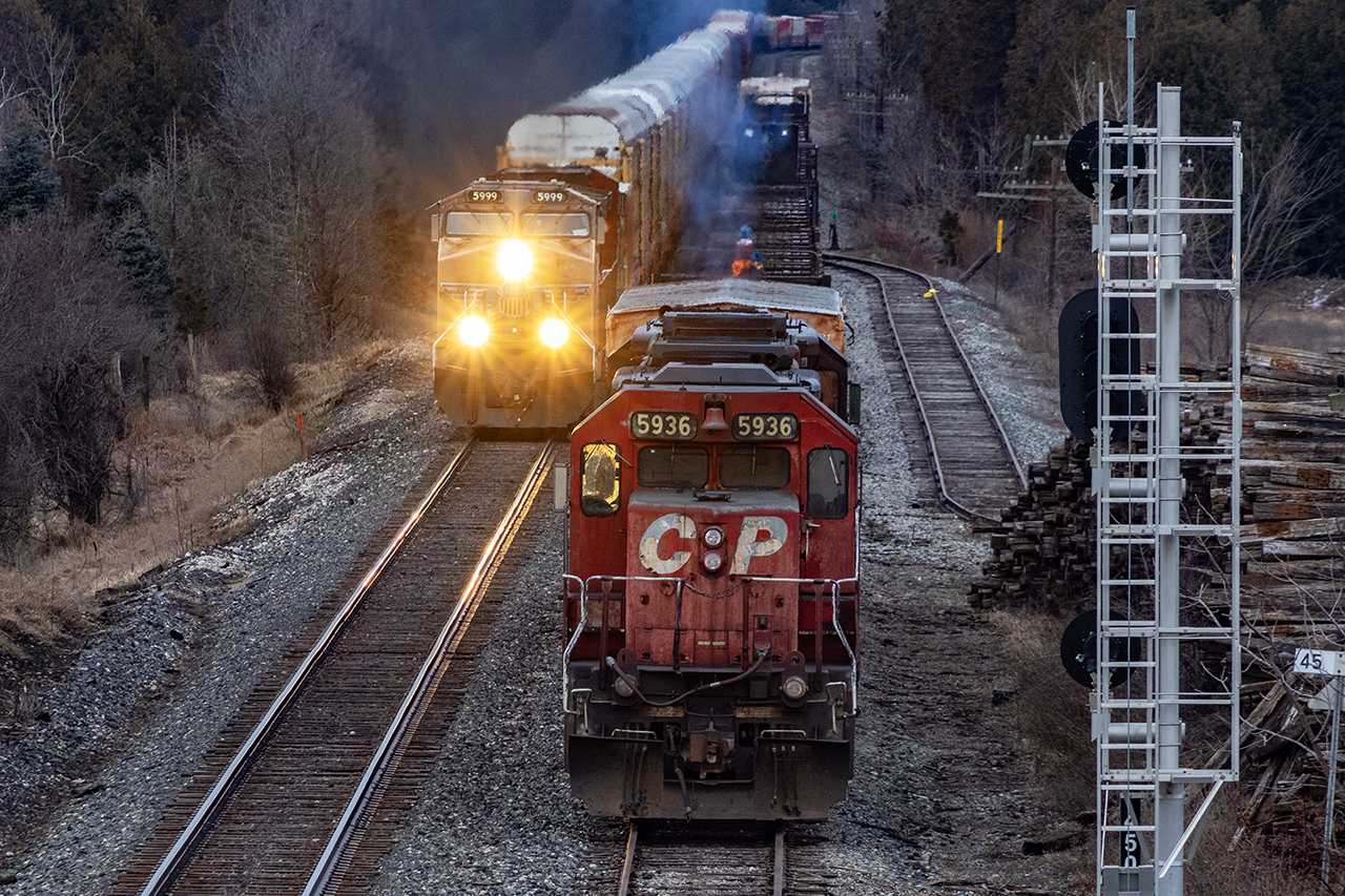 "The great locomotive race"...2024 version. Perhaps not quite.The heavily followed rail train rests in Puslinch Siding; they'll be off to work shortly as CP 134; with a UP leader...second day in a row for that comes flying down the main. Cp is very unpredictable these days...perhaps that's a good thing.