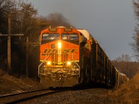 This one got a lot of attention. 2 BNSF units taking empty racks from Welland to Wolverton. Happily, it flew up the hill heading for Galt just before sunset.