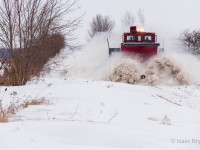 OSR's plow extra train removes snow from the tracks of the Port Burwell subdivision on a mild January morning. At 97 years old, OSR plow 401005 spearheads the operation with help from OSR F units 1401 and 6508. The engines are nearly invisible thanks to the amount of snow kicked up by this unique train. 