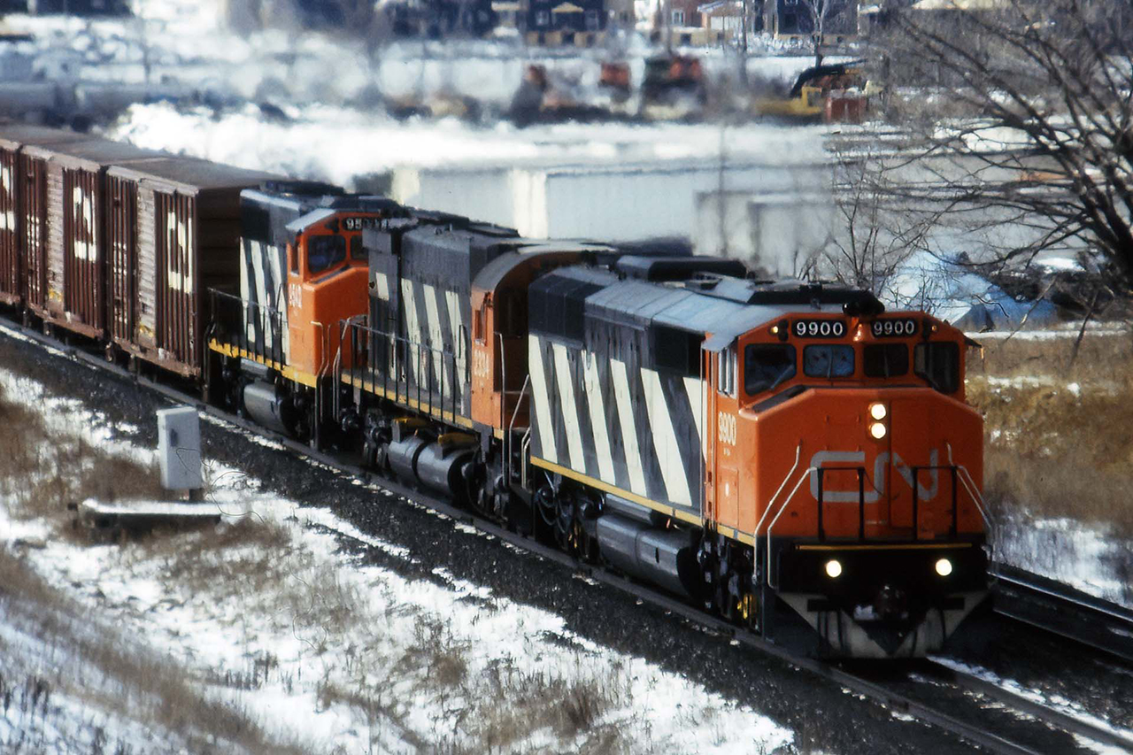 In the day, outside of the Lasers, 392-393 were as hot as trains got between Montreal and Sarnia. This, it was not a shock, but a really pleasant surprise to have this encounter with 9900; a new SD60....technically SD60F stretching its legs before CN eventually placed a confirming order that became the 5500's