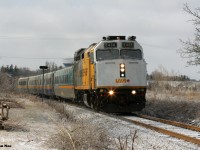 During an icy morning VIA Rail train 84 with F40PH-3 6436 heads east through Baden, Ontario on the CN Guelph Subdivision. 