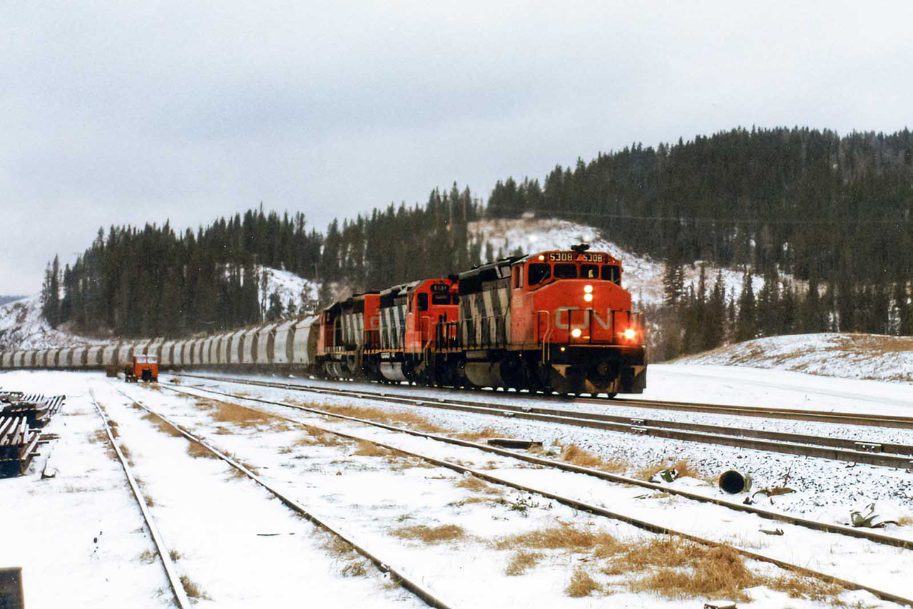 Inland Cement stone loads head north, before heading east to Edmonton. The Mountain Park Sub gets progressively more scenic as you head south to Cadomin, and the Luscar spur; now closed with its near 3% grade.