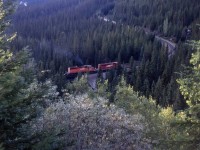 Back in the day, you could still see some of the railroad around the Spiral Tunnels. Crossing the Kicking Horse River at the site of what would be a tragic derailment Feb 4, 2019, 2 SD40-2's in full dynamics hold back westbound containers just above the Lower Tunnel in the heart of some of the most beautiful scenery, but treacherous operating conditions in Canada. 