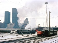 What five decades a picture can make! Here is CN 6218 ready for an excursion run up to Guelph sitting on one of  the Spadina ready tracks. It's amazing how the Toronto landscape has changed. Taken from my fathers collection
