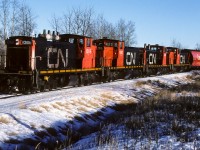 Extra 1069 was rounding the corner at mile 24.4 with a train of grain hoppers as it returns back to Edmonton. Interesting grouping of the units, CN's at each end, ex-NAR's in the middle.