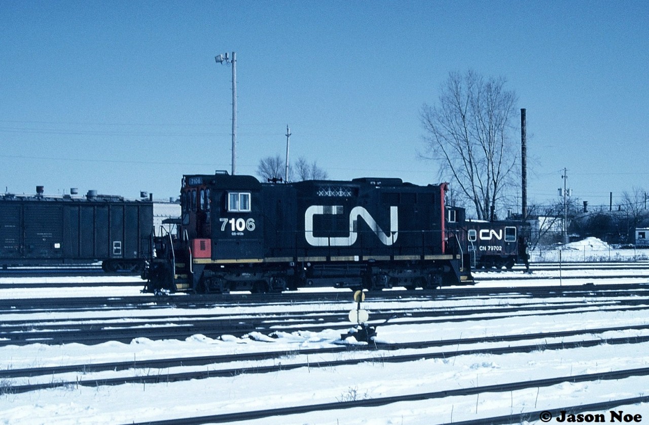 CN “Sweep” 7106 is pictured idling away during a winter morning at CN’s London, Ontario yard.