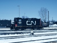 CN “Sweep” 7106 is pictured idling away during a winter morning at CN’s London, Ontario yard. 