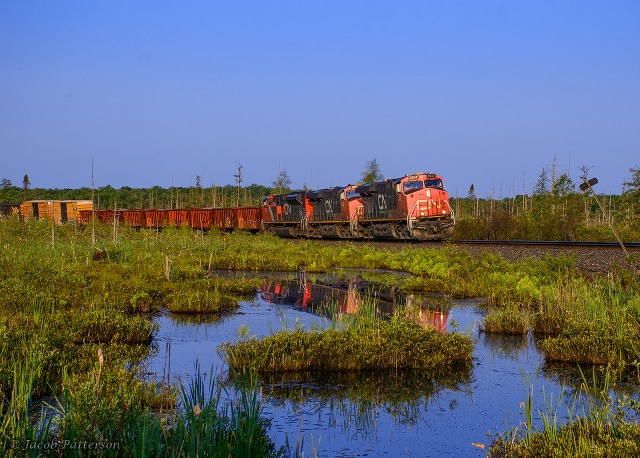 Less than an hour after sunrise, CN 451 rounds the curve through the blackfly ridden marshland just north of Falkenburg.