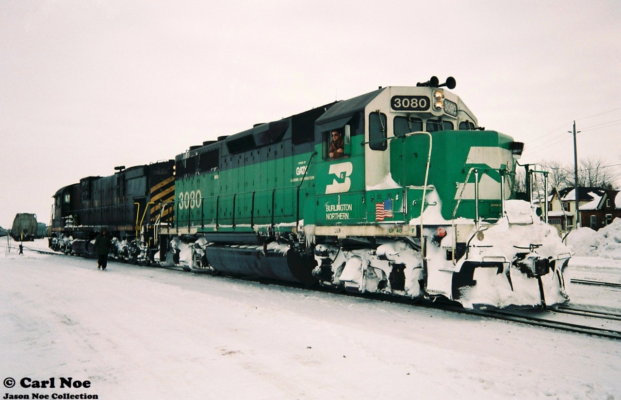 Leased GATX GP40G 3080 and Cape Breton & Central Nova Scotia Railway (CBNS) C630M 2035 are viewed building their train for the return trip to Goderich at the Stratford, Ontario yard on February 6, 1994. GP40G 3080 looks almost un-touched except for the small GATX decals on it. The winter of 1993-1994 was a brutal one for GEXR’s fleet of second-hand GP9’s and by early February, most were either out of service or severely ailing, which forced RailTex to lease power or transfer from their other operations.