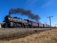 CP 4-6-4 2816 opens up the throttle as she works through Millet, Alberta on a beautiful spring afternoon. 