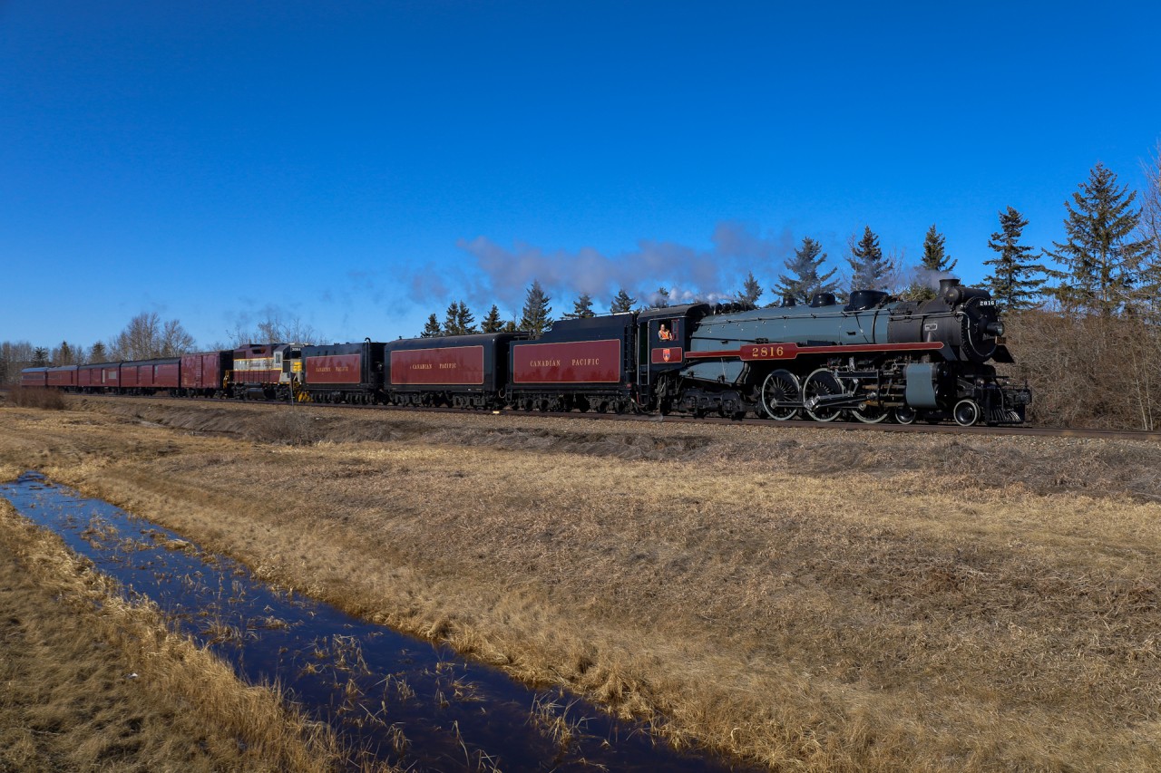 In just under a month, the 2816 will embark on her three country tour and will likely become the most photographed locomotive in North America.  But on this quiet March afternoon, it’s just the Empress and me, as she steams north towards Edmonton.