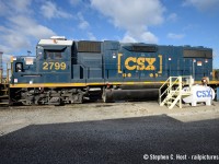 Ahh the days when I could walk into to the "depot" in Sarnia, sign a release and have the walk of the place. Pictured is CSX 2799 at the fuel tank at the Sarnia Engine terminal. At the time of this photo CSX still had about 4 or 5 units assigned to town, now they're down to two and there doesn't seem to be any mechanical staff on site anymore.  This diesel fuel tank only holds 300 gallons, so it must be for MOW equipment or something else. I'm under the impression, subject to correction, the Sarnia terminal had a direct line from Imperial Oil for fuel.
