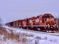 I think this was the only time I got a matching set of St.L&H GP9U’s together at least as a three pack. I kind of liked the look of the St.L&H lettering but at the same time am glad that the financial woes that created it were corrected for the most part. The train here is returning from Niagara Falls most likely after a run States side and will terminate in Welland yard. Oh how I miss this being a through route. Today the GP9’s are long gone and so is CP’s presence in the Falls. 