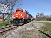 CN 502 is pictured beginning its journey across the Hagersville Sub crossing Colborne St. E. in Cainsville. Power was rebuilt CN 3335 and CN 8102. Anyone know what 3335 was rebuilt from? Apparently, the OSR F units were around at this time as well. What seemed like a quiet day for trains, was apparently quite fruitful. 