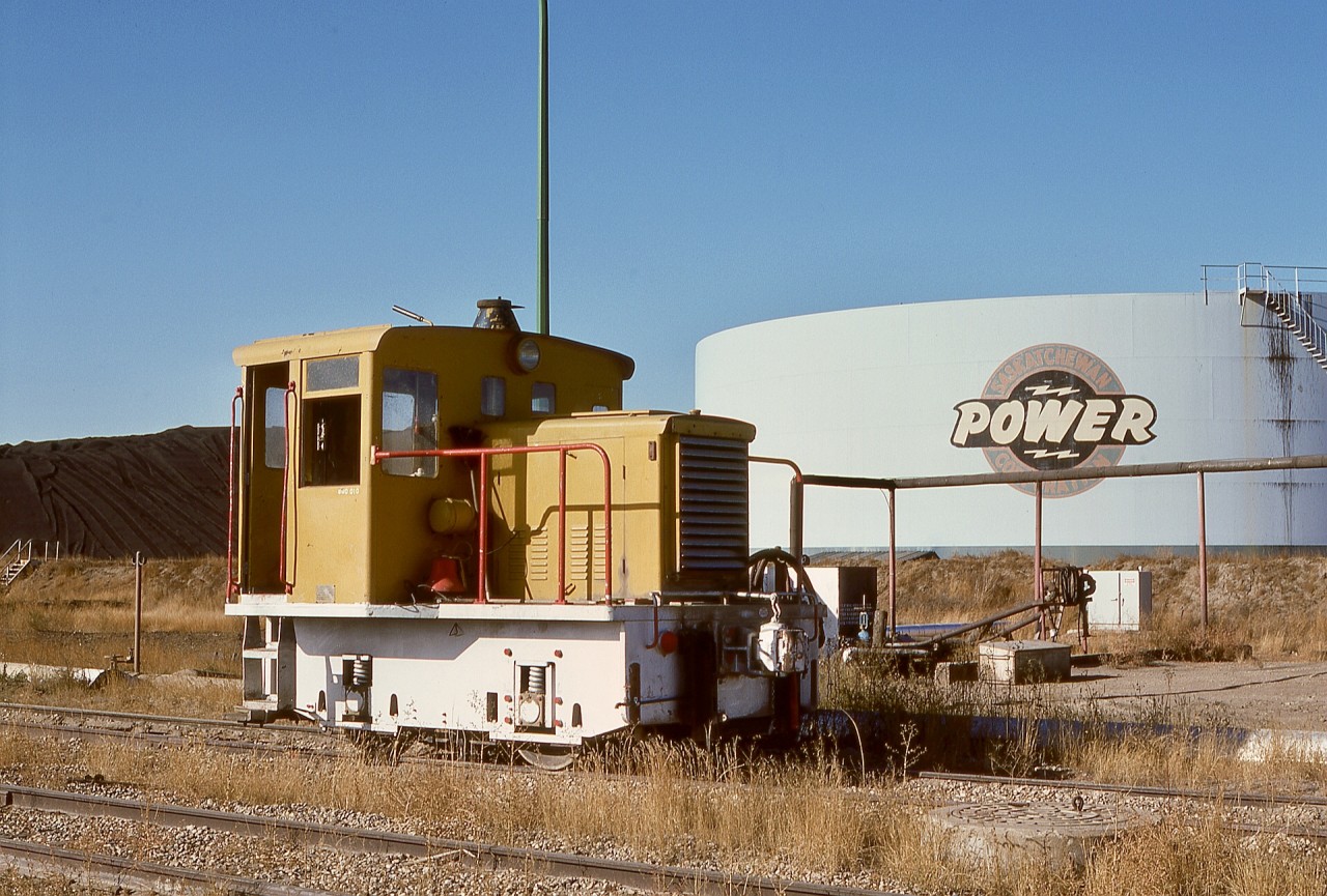 At the Queen Elizabeth Power Station on the south side of the CN mainline and the north bank of the South Saskatchewan River in Saskatoon, coal was the original fuel (now on natural gas), and as a spare switch engine for hopper cars, the Saskatchewan Power Corporation had a GE 23-tonner s/n 13151 built July 1941 (originally U. S. Army 7792 at Ravenna Ordnance Depot in Atlas, OH) and numbered 800 010.  On my first extended Saskatchewan foray, Monday 1976-10-11 was a glorious sunny day, and I was graciously escorted by security personnel into the plant to document that critter, which has now happily been preserved at the Saskatchewan Railway Museum, 7.5 km to the southwest (https://saskrailmuseum.org/locomotives/).

A photo of another (bigger) SPC locomotive is planned for posting next Sunday.