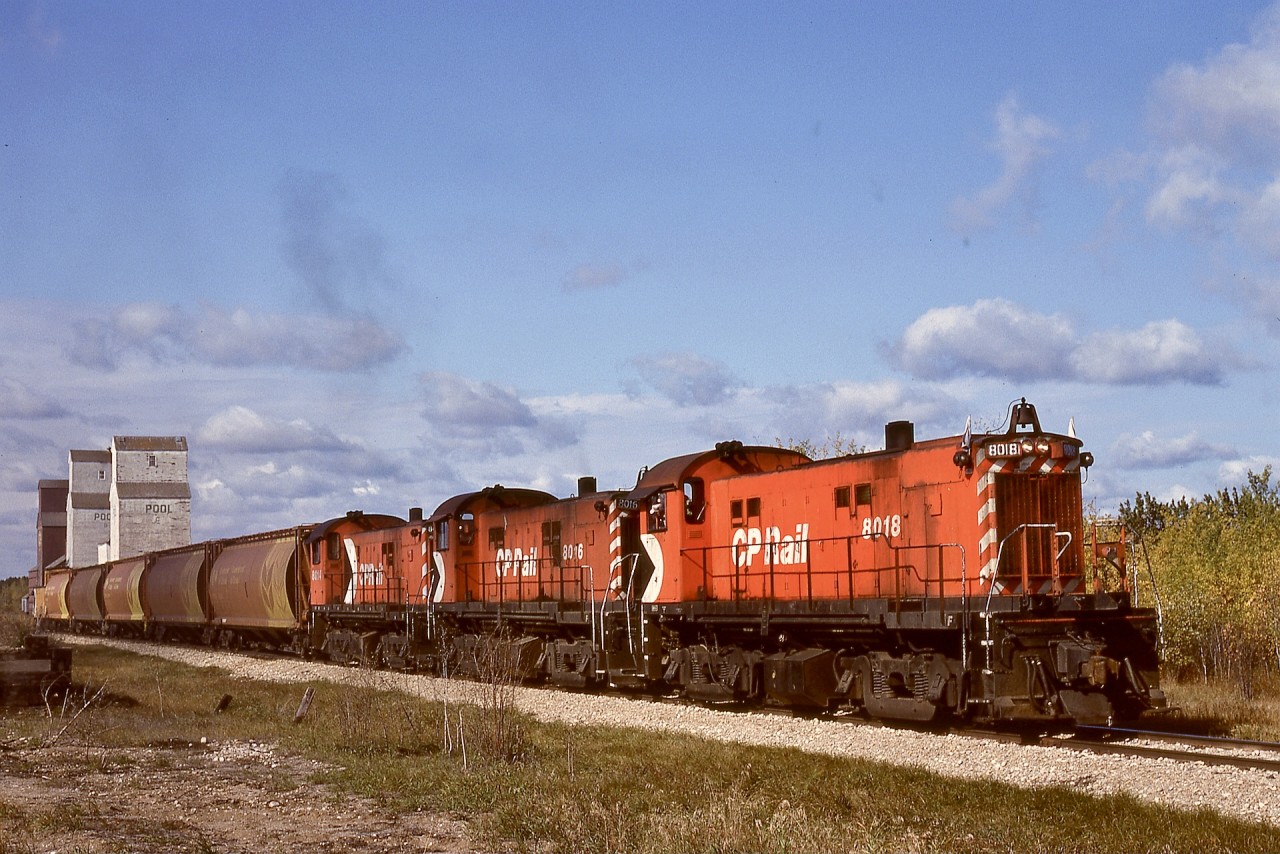 From Prince Albert, CP accessed their White Fox subdivision via three sections of CN joint trackage for 18 miles, then on CP rails east from Sharpe to Nipawin.  To handle grain loads, a trip was run out to pick them up for delivery to Nipawin and returned with empties, and on Wednesday 1981-09-23 it was powered by a typical trio of lightweight (for CN branchline restrictions) RS-23s, CP 8018 + 8016 + 8014, shown here with five loads and a caboose departing Smeaton eastward at 1121 CST.

Today, rails come west from Nipawin only to Choiceland, 13 miles away from here, now operated by Torch River Rail.