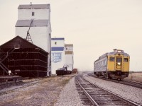 On its southward journey from South Edmonton to Calgary on Wednesday 1981-09-30, VIA train 196 with VIA 6124 swept around the curve by the elevators at Nisku at 1740 MDT, already four minutes behind schedule after just fifteen minutes run time.