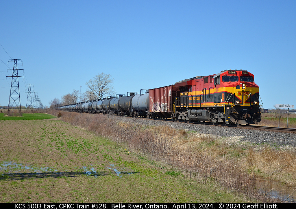 Kansas City Southern ET44AC #5003 is in command of CPKC Train #528 as it rolls eastward through Belle River, Ontario on April 13, 2024.  Nice to catch a KCS leader in good light as a change to the regular CP power, but I'm sure in time this too will become 'mundane' as more and more of the KCS and CP power gets intermixed over the years to come.