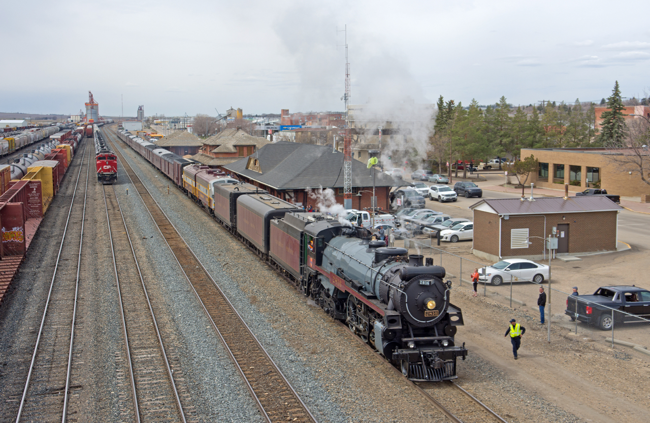 On day two of it's lengthy journey from Calgary to Mexico City, CP 2816 East has just completed a quick service stop and crew change at Swift Current SK.