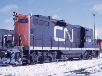 Canadian National GP9 4488 rests on the shop track at the Capreol, Ontario engine facility.  From the mid-1950s to the late 1960s, GP9s were everywhere on CN.  With over 400 GP9s in the family, CN and its subsidiaries had more GP9s than any other railroad.