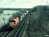 CP B523 is viewed heading east through Bayview Junction after departing Aberdeen Yard in Hamilton for Toronto. The train was powered by GP9u 8234, HATX GP40-2 505 and CP C-424 4212. Leased HATX 505 was originally built in December 1977 as Boston & Maine Railroad 305.