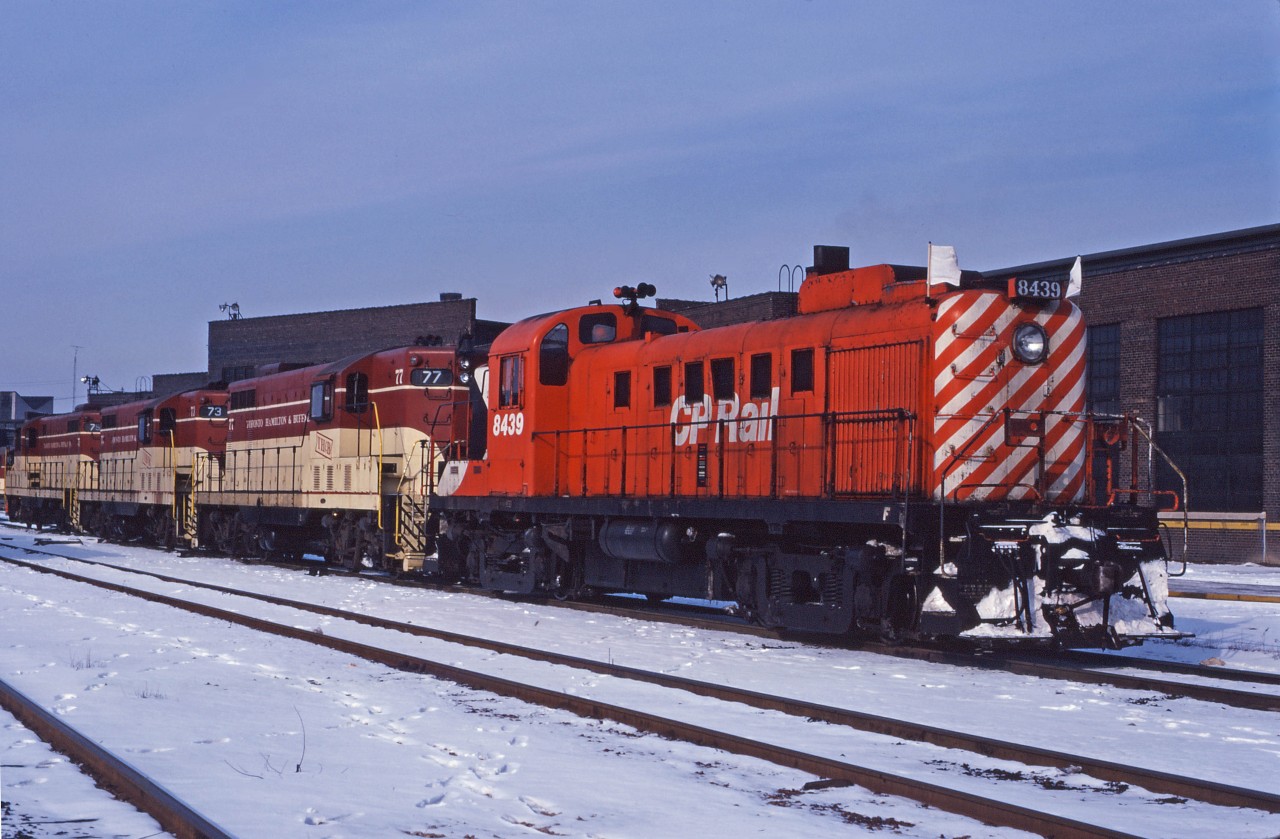 I'm not sure of the reason for this..but on a nice clear morning in March 1972, I found CP RS3 8439 accompanied by TH&B GP7s 77, 73, and 75 at the TH&B's Chatham Street roundhouse. While RS3s where commonly used on the Goderich sub train in the mid-late 1970s, pairs of SW1200RS units were more common in the early 1970s and this would be an odd way to pick up or leave a unit at the roundhouse. Perhaps a delayed Kinnear?