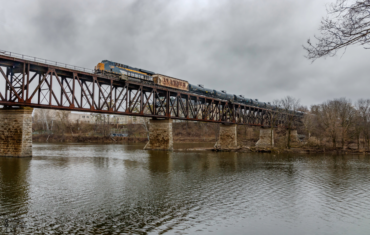 Being the first time one of the new CSX heritage units had entered Canada most people along the Windsor, Galt and Belleville subdivisions were planning to catch and document them however somebody in Oshawa had other ideas, deciding to dump a bunch of black paint on the nose and side of the unit while it was sitting in a siding overnight.