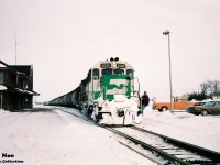  Leased GATX GP40G 3080 and Cape Breton & Central Nova Scotia Railway (CBNS) C630M 2035 are viewed ready to depart for their return trip to Goderich at Stratford, Ontario on February 6, 1994. The winter of 1993-1994 was a brutal one for GEXR’s fleet of second-hand GP9’s and by early February, most were either out of service or severely ailing, which forced RailTex to lease power or transfer from their other operations.