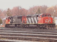 A rare visitor, CN SD40-2W 5273 sits with SD70 5611. The pair will lead the next train down to Garnet. Once so common in Ontario, today SD40's are a rarity.