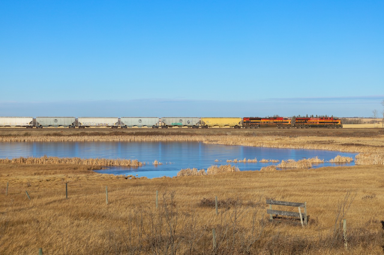 KCSM 4666 and KCS 4036 roll through the countryside east of Sedgewick, Alberta.