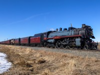 A man and his machine.  The Engineer of the 2816 North looks to be in his element as 40B-18 flies through Innisfail, Alberta.  