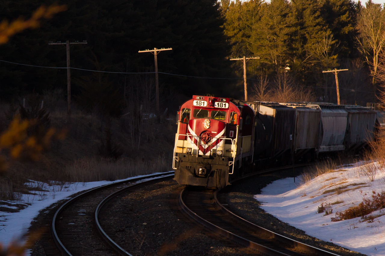 On a gorgeous March day, OSR's Woodstock assignment is seen pulling a lift from the CP down the Galt main. They would drag the lift to the yard at Woodstock, cut off, and proceed light engines back home to Salford. Since then, RS-18, 181, has been sidelined, leaving 182 as the only remaining operational MLW on the OSR.