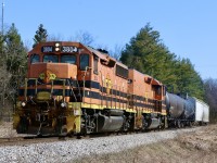 I’ve always found the concept of slugs and control cabs interesting. The Goderich Exeter has used a number of sets over the years and while they do little for horsepower they add a lot for traction. Mother GP40 3804 and slug 804 (a former GP40) are the newest set on the railroad, replacing the last set QGRY 3800/800, which suffered mechanical issues. It’s unfortunate that the northbound trip offers little for decent lighting except in a few locations such as between Moffat and Corwhin. GEXR 583 with its newest slug set and four cars is seen nearing Corwhin as it heads for Guelph. 